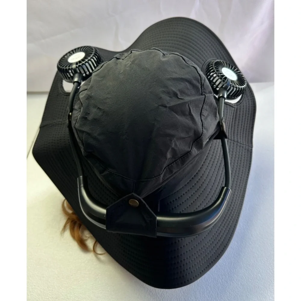 Wide Brim Sun Hat Dual Fans UV Protection Black Hiking Fishing Camping NEW Gear